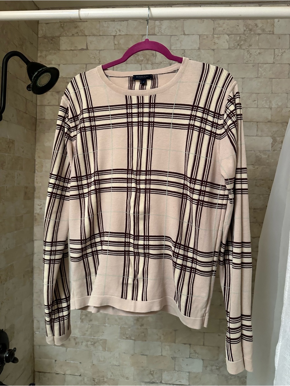 Burberry Cream Crewneck Sweater with Burgundy Plaid